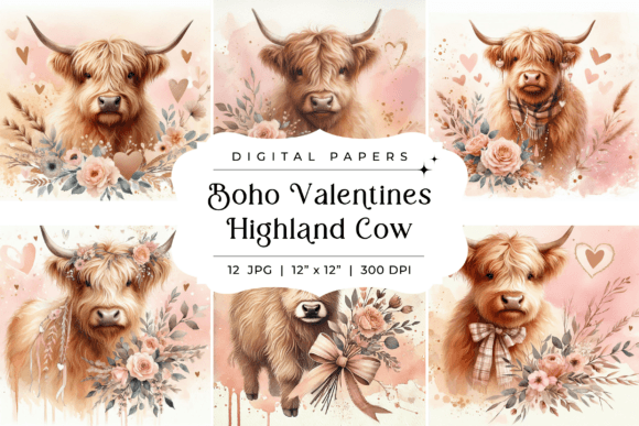 Charming Boho Valentines Highland Cow Backgrounds