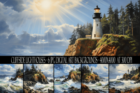 Cliffside Lighthouse Art Backgrounds for Design