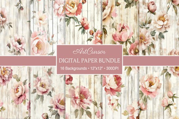 Shabby Watercolor Peony Wood Backgrounds
