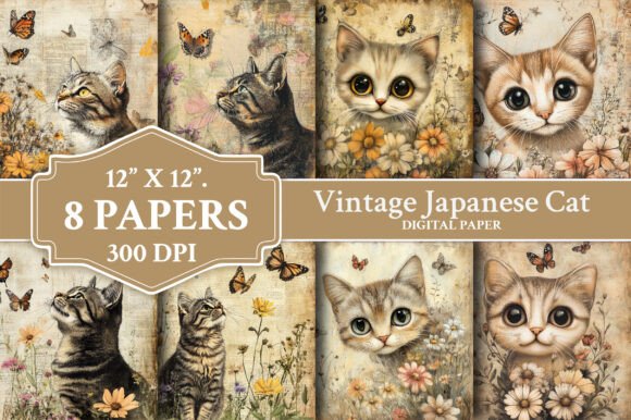 Vintage Japanese Cat Backgrounds: A Digital Paper Pack for Creative Projects